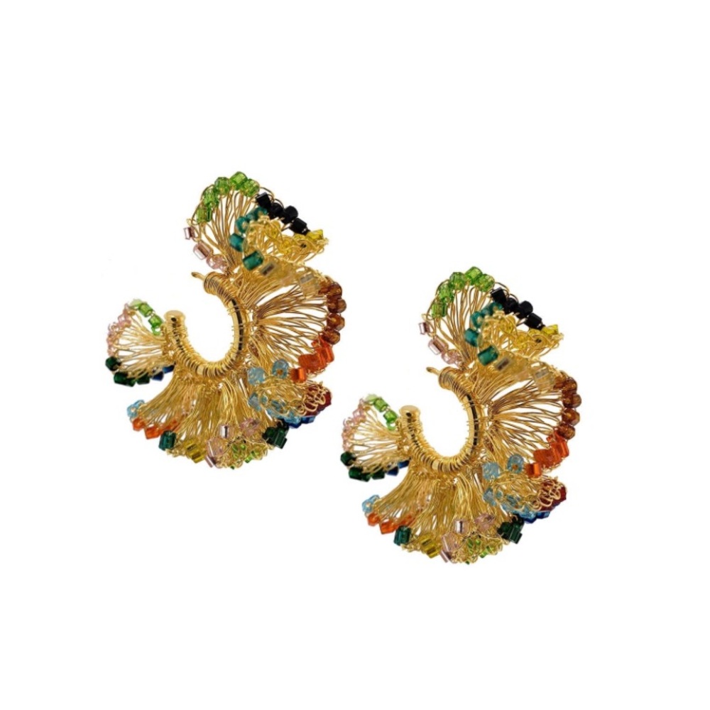 Multicolored Hand Crochet Gold Wire Ruffled Hoops - Picture 4 of 4